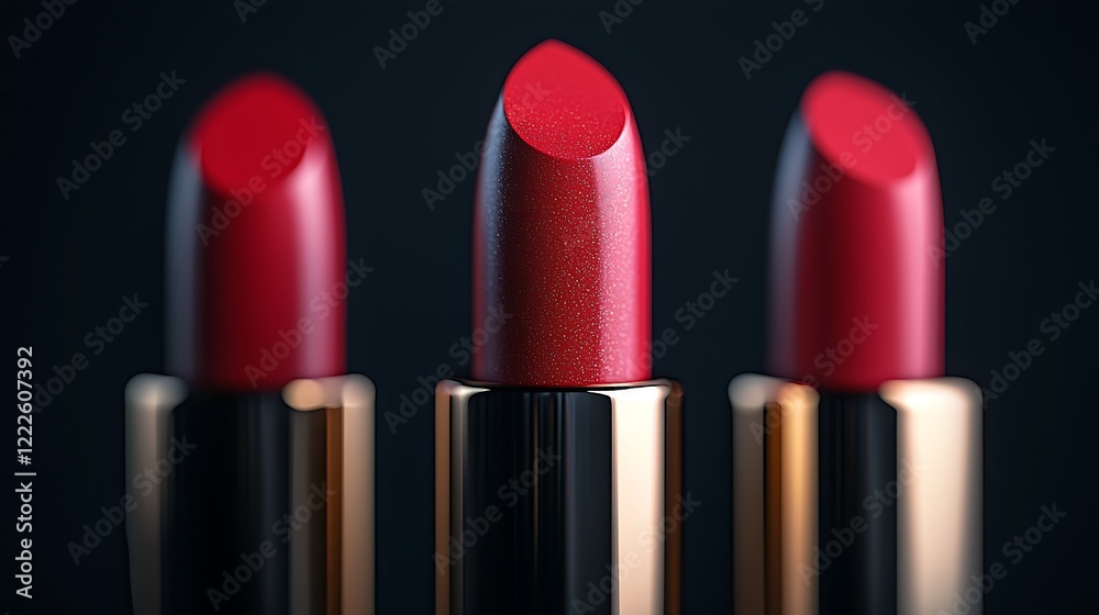 Three vibrant red lipsticks stand prominently against a dark background, showcasing their glossy finishes and elegant packaging.