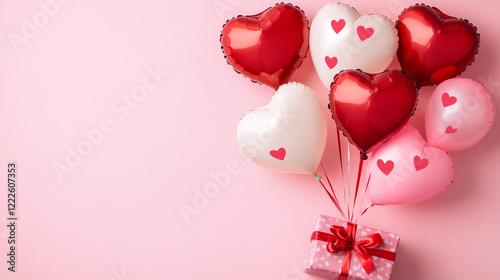 Valentine's Day Heart-Shaped Balloons and Gift Box on Soft Pink Background, Romantic Banner with Red and Pink Balloons, Festive Love Decor photo