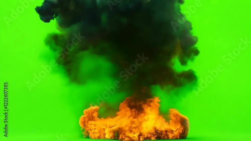 Powerful explosion with smoke and fire on a green chroma key background, ideal for action-packed and creative video projects