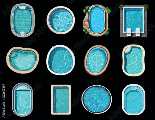 Top view swimming pool set. Mosaic blue bottom rippled water surface. Hotel spa resort differenr shapes poolside relaxing area. Cartoon style isolated vector clipart collection