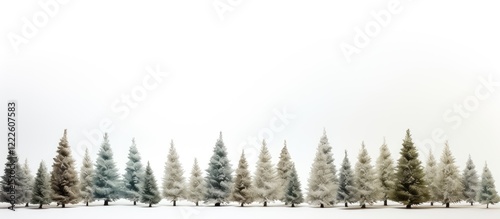 Snow-covered Christmas pine tree row with varying green hues and frosted tips against a bright white background, creating a serene winter ambiance. photo