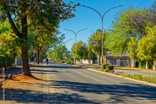 Street with green shady trees in the small Little Karoo town of Oudtshoorn in the Western Cape, South Africa