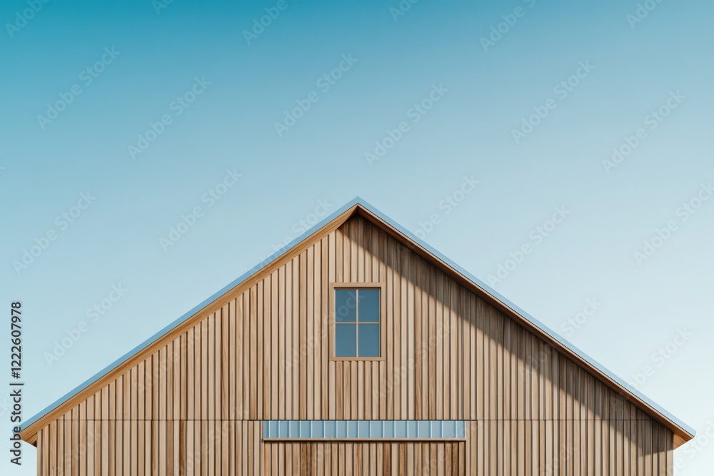 A minimalist barn with wooden slats, clean symmetrical shapes, and a sloped metal roof A minimalist barn with wooden slats, clean symmetrical shapes, and a sloped metal roof