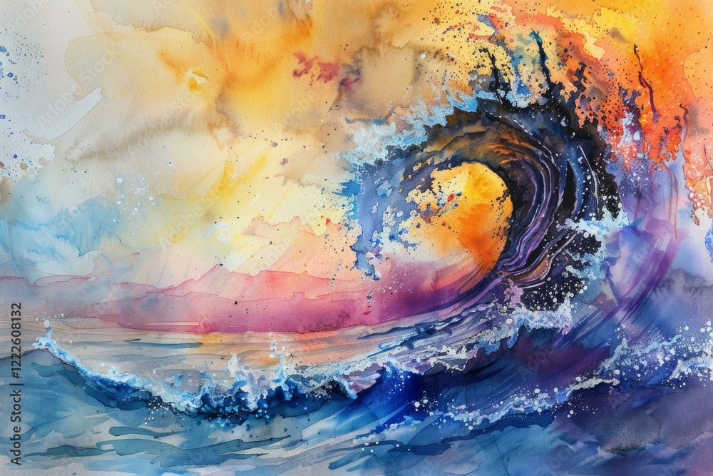 Fototapeta premium Vibrant watercolor painting of a massive wave breaking at sunset, showcasing the power and beauty of nature