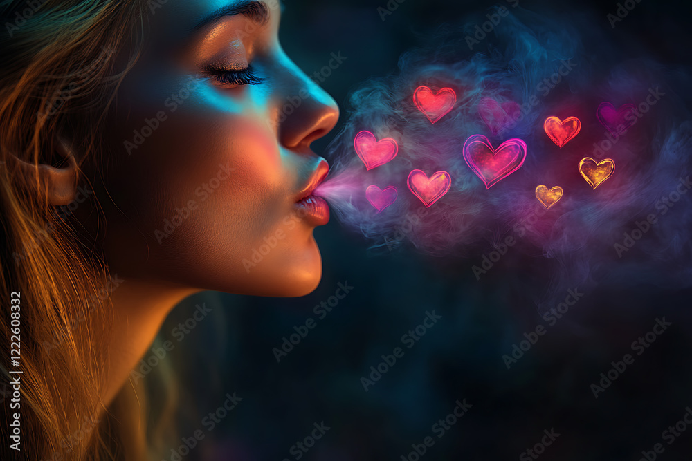 A surreal and dreamlike illustration of a woman exhaling a stream of vibrant, colorful hearts from her mouth A surreal and dreamlike illustration of a woman exhaling a stream of vibrant, colorful hearts from her mouth