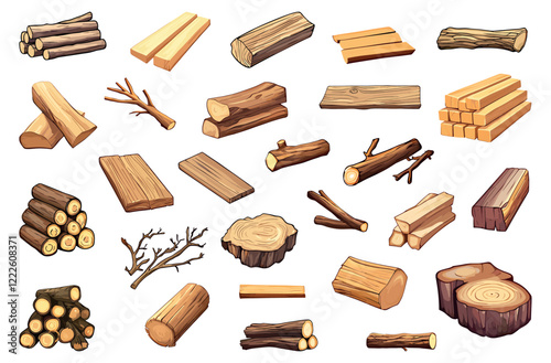 Wooden timber carpentry material set. Lumber and woodpile logging twigs woodwork planks barks chopped firewood. Cutted tree trunk wood. Cartoon style isolated vector clipart collection