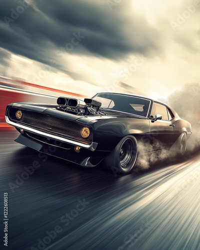 A 1960s muscle car with a roaring engine captured mid-race