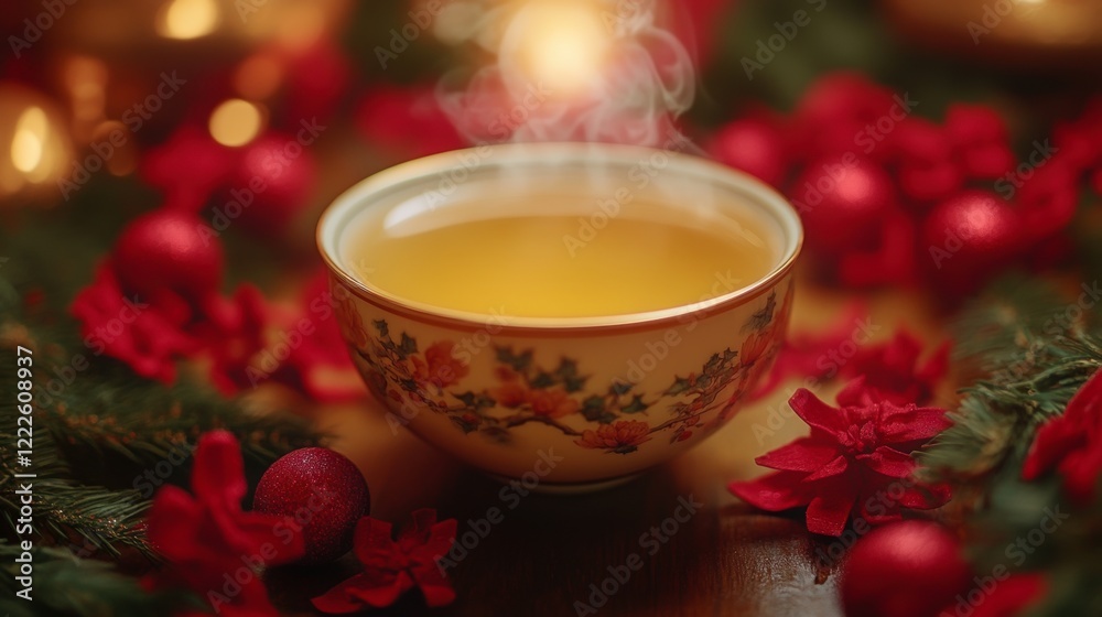 Fototapeta premium A steaming bowl of tea surrounded by festive decorations, including red ornaments and floral accents, creating a warm and inviting holiday atmosphere
