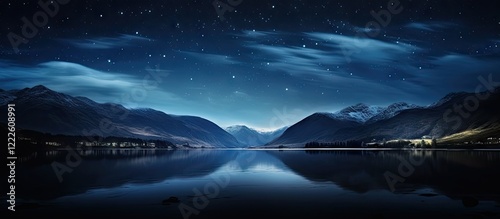 Serene blue night landscape featuring mountains reflected in calm water under a starry sky with zodiacal light illuminating the scene.
