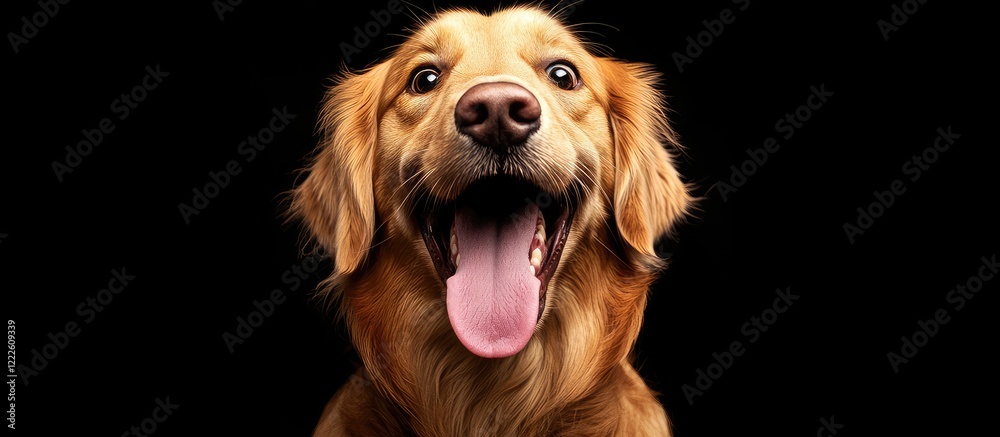 Joyful golden retriever portrait against a solid black background, with open mouth and tongue out, radiating playfulness and friendliness. Joyful golden retriever portrait against a solid black background, with open mouth and tongue out, radiating playfulness and friendliness.