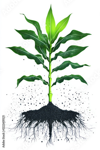 A realistic 3D-rendered cross-section of a young corn plant showing lush green leaves and an extensi photo