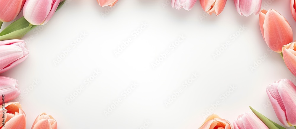 Origami paper tulips arranged delicately in soft pinks and greens, surrounding a blank white center with a subtle wooden frame backdrop Origami paper tulips arranged delicately in soft pinks and greens, surrounding a blank white center with a subtle wooden frame backdrop