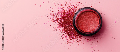 Vibrant red makeup powder in a round black container with scattering red shimmer against a soft pink background for beauty concepts