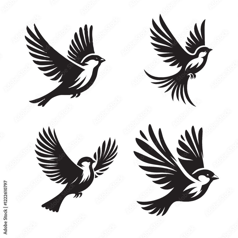 BLACK Vector Silhouette of a Flying House Sparrow on White Background BLACK Vector Silhouette of a Flying House Sparrow on White Background