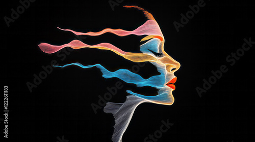 A dark background with overlapping outlines of a single person, each outline painted in unique color photo