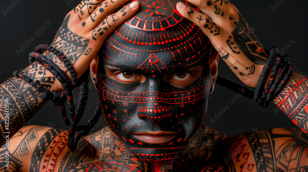 Portrait of a Person with Black and Red Body Art Portrait of a Person with Black and Red Body Art