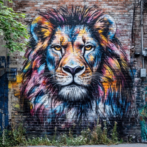 MONTREAL CANADA JULY 02: Street art Montreal lion on july 02 2014 in Montreal Canada. Montreal. is the perfect place to walk in the back alleys and abandoned areas, looking street art.  photo