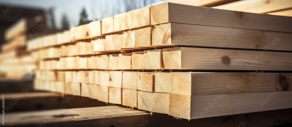 Stacked wooden lumber planks in warm tones at a construction site with soft lighting showcasing the texture and arrangement of the wood. Stacked wooden lumber planks in warm tones at a construction site with soft lighting showcasing the texture and arrangement of the wood.