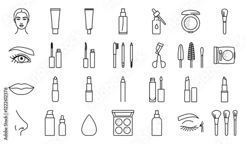 Makeup products, icon set. Beauty cosmetics products - lipstick, mascara, pencil, face foundation, primer, lip gloss, powder, liner, eyeshadow, brushes and more. Line icons, editable strokes