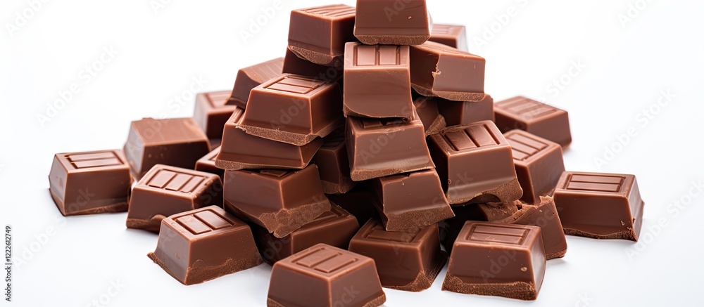 Pile of milk chocolate squares with glossy surface against a white background showcasing rich brown tones and varied shapes stacked harmoniously. Pile of milk chocolate squares with glossy surface against a white background showcasing rich brown tones and varied shapes stacked harmoniously.