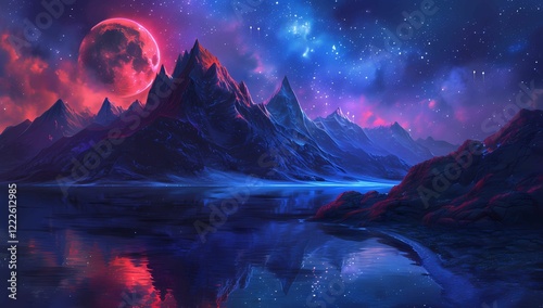 purple stars on a mountain with red moon