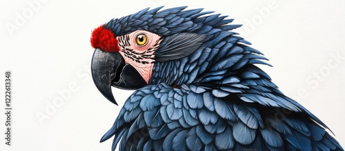 Vibrant side profile of a black macaw with rich blue feathers and a bold red forehead against a clean white background showcasing its beauty. photo