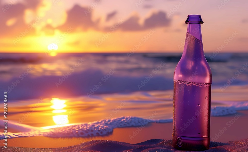 purple bottle on the beach with a sunset purple bottle on the beach with a sunset