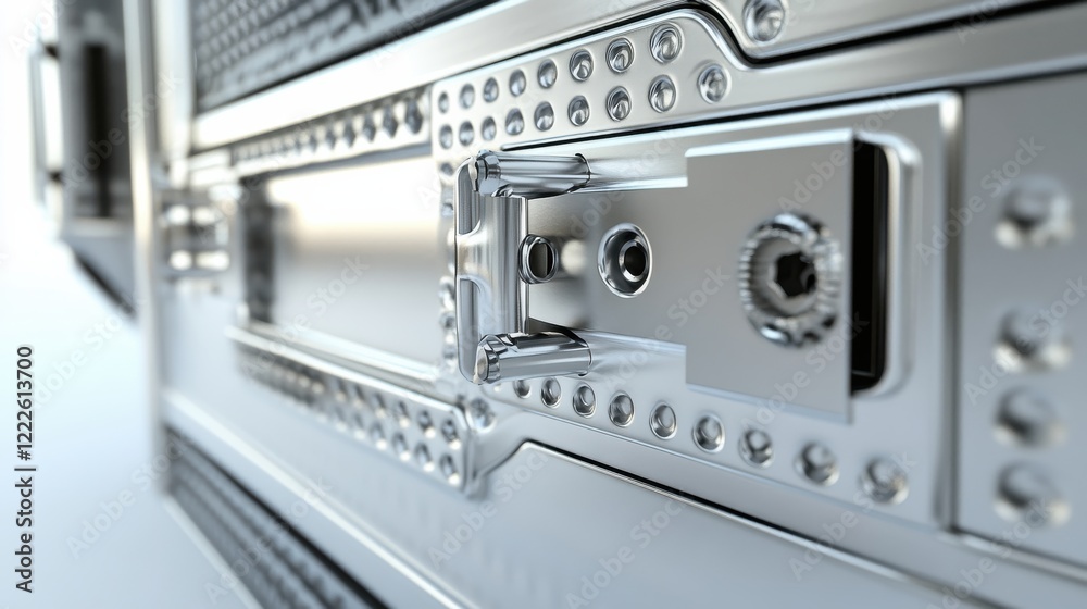 Obraz premium Close-up view of a metallic latch mechanism showcasing intricate details and reflections