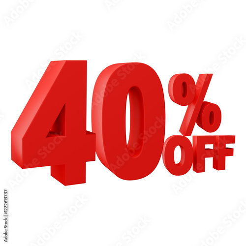 Number 40 percent off red color 3d sign percent discount on isolated background.red and White on a Transparent Background