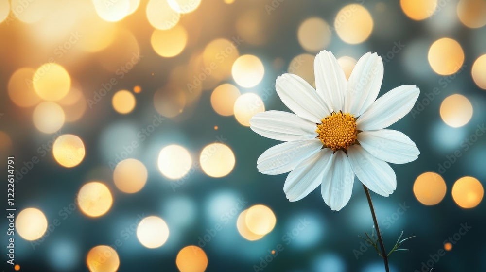Delicate White Daisy Flower Against a Soft Bokeh Background with Golden Lights for Natural and Floral Themes Delicate White Daisy Flower Against a Soft Bokeh Background with Golden Lights for Natural and Floral Themes