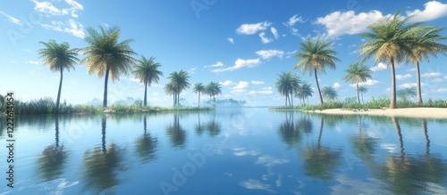 Tranquil tropical scene with vibrant green palm trees reflecting in calm blue water under a bright sky with fluffy white clouds for relaxation.