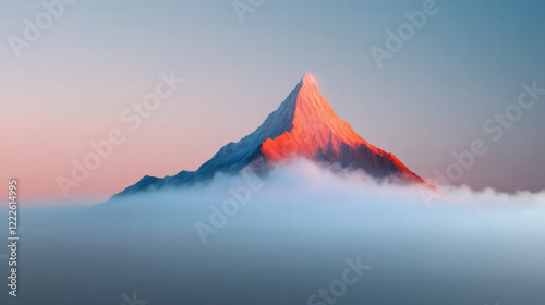 A mountain peak bathed in warm evening light, with clouds drifting gently around it, symbolizing bre photo