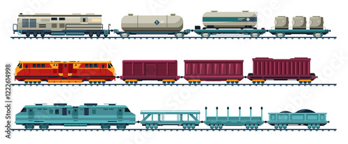 Goods train. Railroad freight locomotive with platforms, train cargo containers railway transportation goods, railway wagons for shipment and delivery. Vector isolated set
