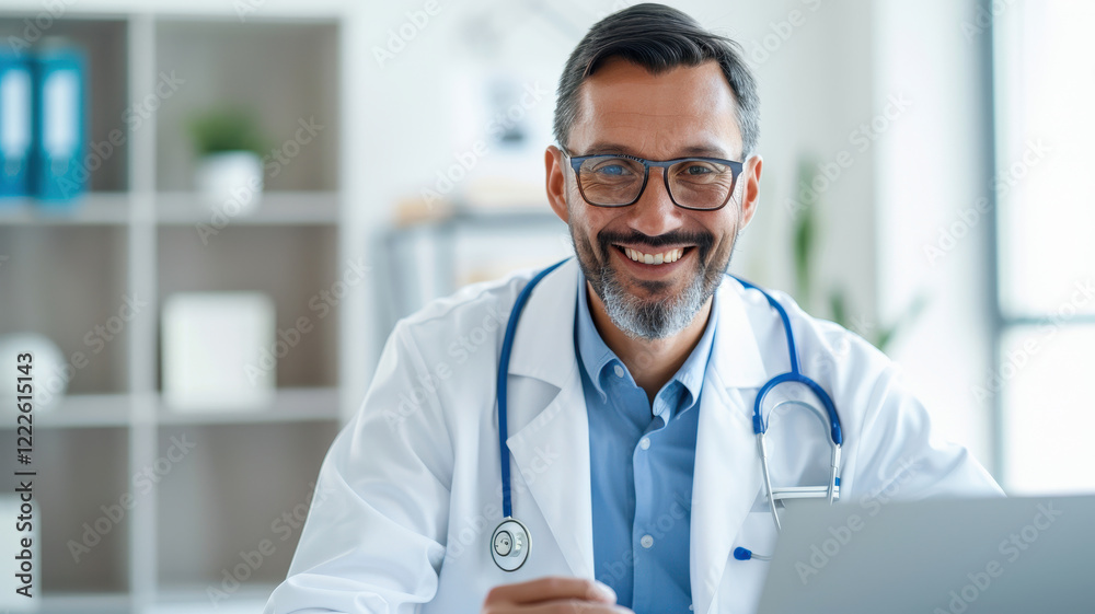 digital health consultant smiling while providing teleconsultation in modern office setting. professional attire and friendly demeanor create welcoming atmosphere for patients digital health consultant smiling while providing teleconsultation in modern office setting. professional attire and friendly demeanor create welcoming atmosphere for patients