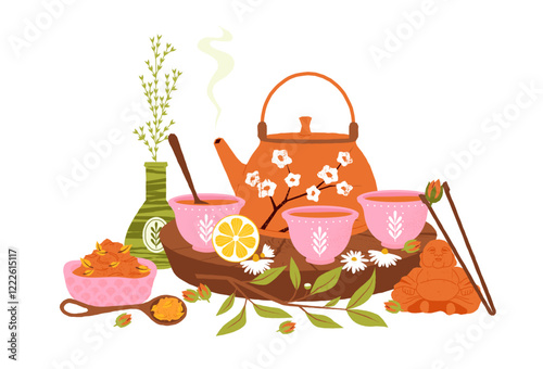 Chinese tea concept. Traditional tea ceremony with teapot and cups, hot beverage drink with leaves cartoon flat style. Vector illustration