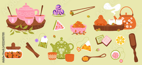 Herbal tea. Cozy tea ceremony with hot beverage in teacup, kettle and teapot, warm drink with lemon and honey. Vector still life illustration