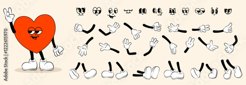 Cartoon mascot elements. Cute comic face with funny emotions, retro vintage mascot character with smiling mouth and happy eyes. Vector isolated set