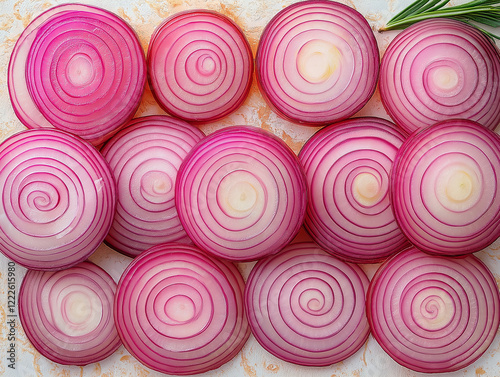 Close-up onion slices top view.