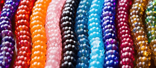 Colorful array of beads in various shades of blue, pink, orange, black, green, and purple, neatly lined up for jewelry crafting and design. photo