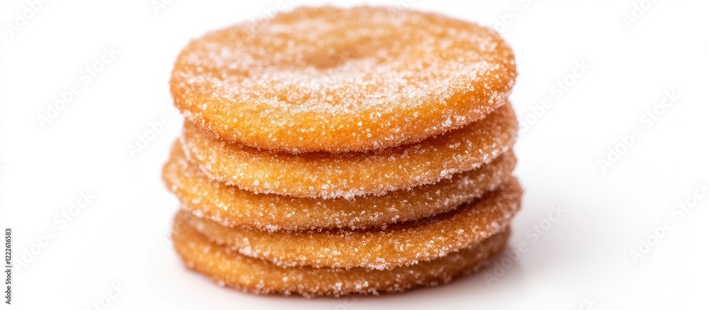 Stack of golden sugar-coated round biscuits with sparkling sugar texture on a white background ideal for dessert or snack time showcasing layers Stack of golden sugar-coated round biscuits with sparkling sugar texture on a white background ideal for dessert or snack time showcasing layers