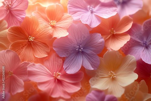 A soft and dreamy background of real flowers in pastel tones, featuring delicate petals in shades of pink, peach, lavender, and cream.