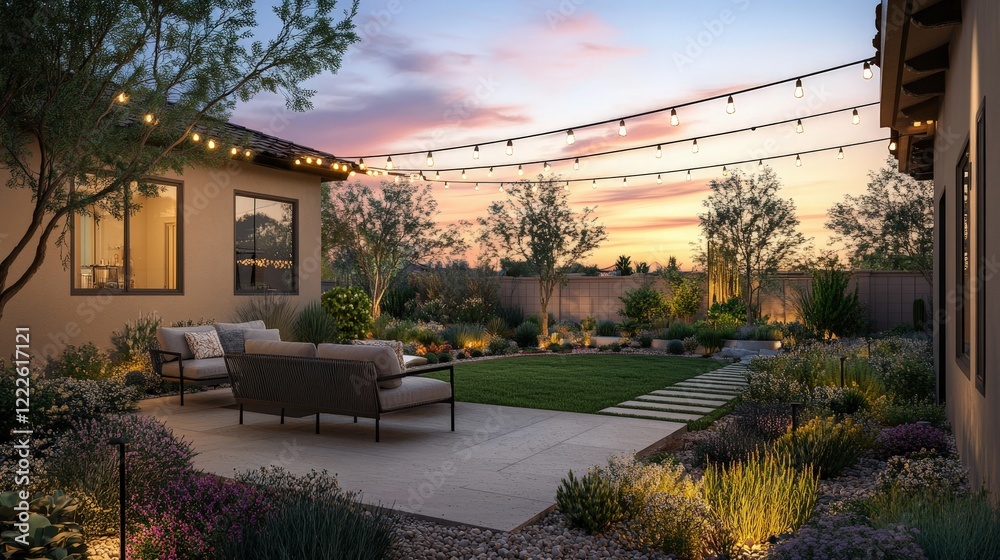 A backyard patio with outdoor furniture and string lights at sunset A backyard patio with outdoor furniture and string lights at sunset