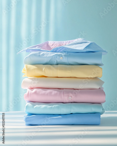 A stack of neatly folded shirts in soft pastel colors, exuding a sense of cleanliness and freshness. photo