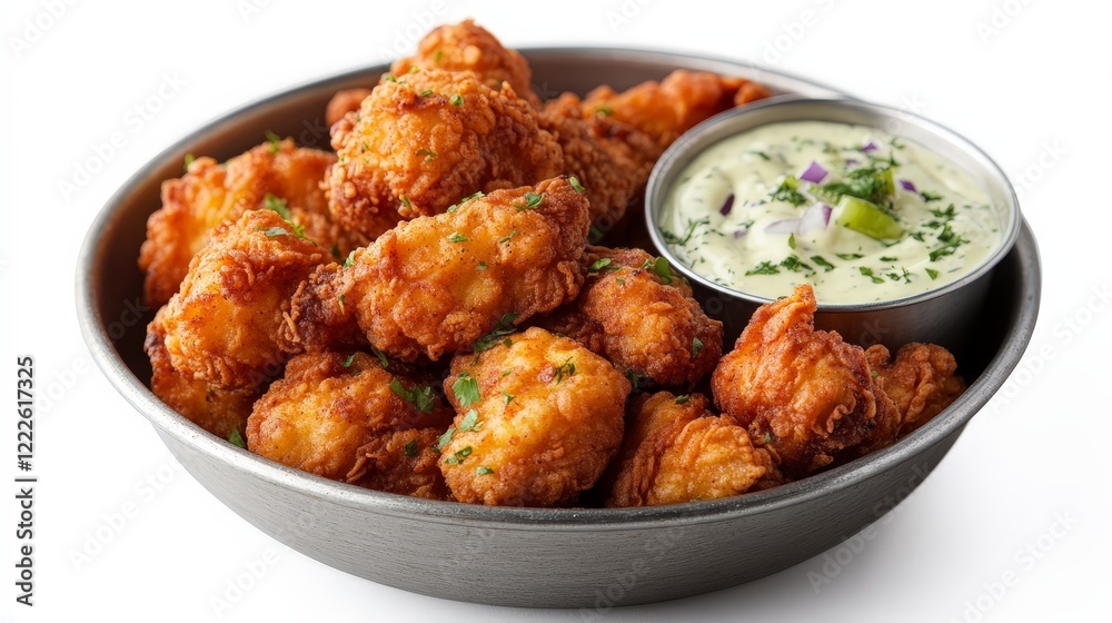 A bowl of crispy fried snacks served with a creamy dipping sauce. A bowl of crispy fried snacks served with a creamy dipping sauce.