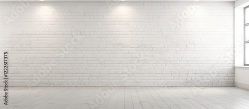 Bright and airy empty room featuring a white brick wall with soft spot lighting and ample copy space on a light wooden floor near a window photo