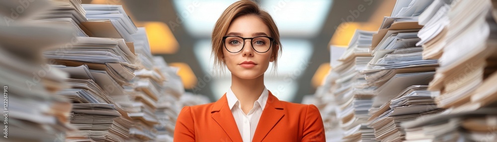 A confident woman stands between tall stacks of paperwork, wearing glasses and an orange blazer, embodying professionalism and diligence in a busy office environment.