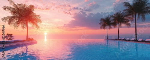 Tranquil infinity pool at sunset with palm trees and ocean view
