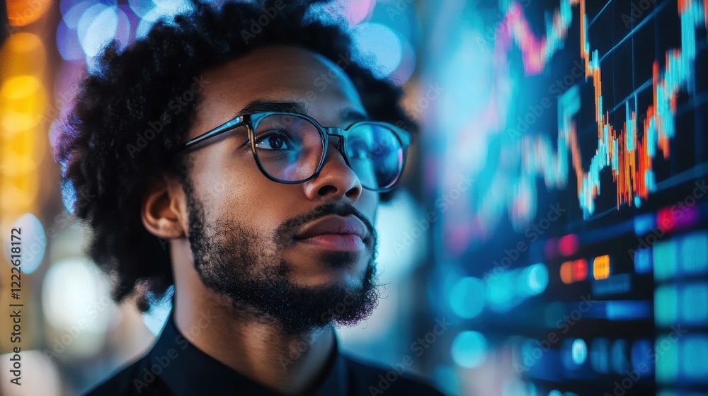 A focused individual analyzes financial data on a screen, showcasing charts and graphs in a vibrant, tech-inspired environment. A focused individual analyzes financial data on a screen, showcasing charts and graphs in a vibrant, tech-inspired environment.