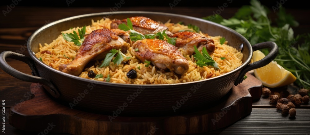 Chicken Kabsa served in a dark skillet featuring golden rice, roasted chicken quarters, green garnishes, and lemon on a wooden surface. Chicken Kabsa served in a dark skillet featuring golden rice, roasted chicken quarters, green garnishes, and lemon on a wooden surface.