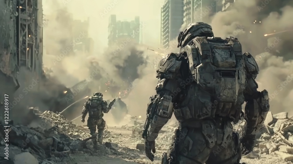Futuristic Troops in Heavy Exoskeletons Navigating Ruined Cityscape Futuristic Troops in Heavy Exoskeletons Navigating Ruined Cityscape
